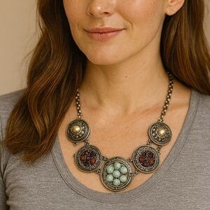 Lucky Brand sterling silver turquoise boho medallion long statement necklace